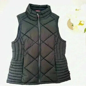Tommy Hilfiger Black W/ Maroon Lining Crop Neck Puffer Zip Sleeveless Vest SizeM